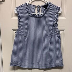 EUC J. Crew White Blue Poplin Striped Ruffleneck Shirred Top Women's Size 6